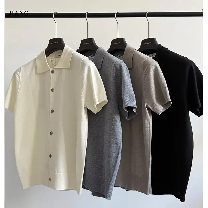 Korean Style Men'S Solid Color Summer Button Knitted Open Cardigan Breathable Fashion Fresh Casual Collar Shirt Trendy
