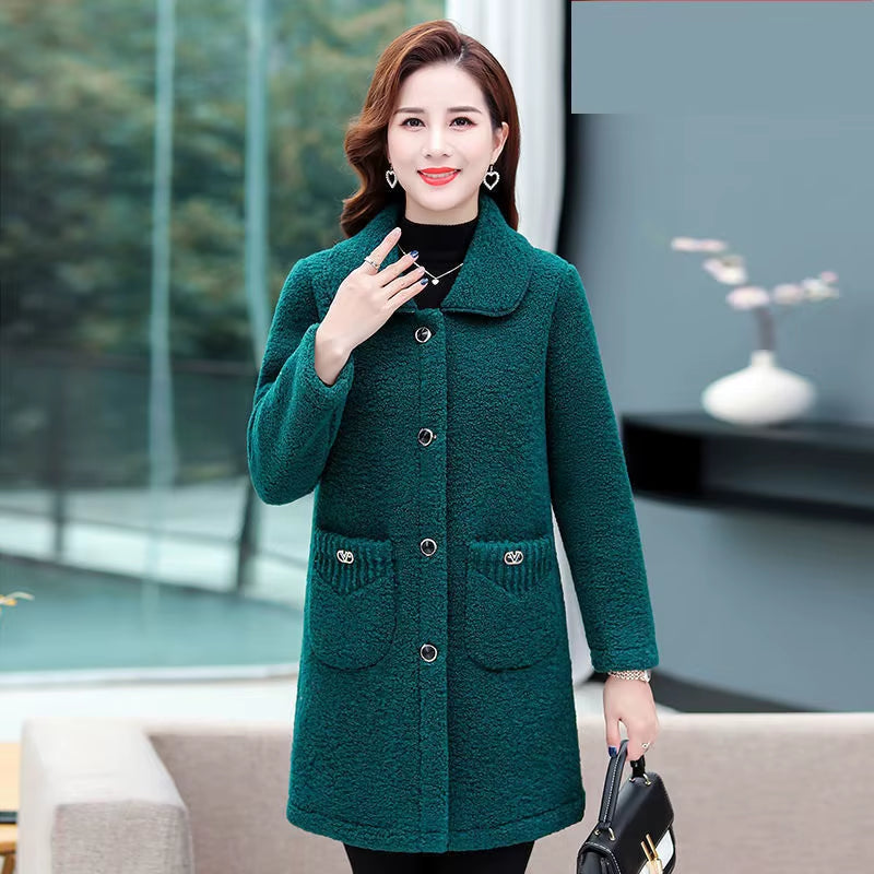 Middle-Aged Mothers Faux Lamb Wool Coat 2024 Autumn Winter Loose Long-Sleeve Outerwear Solid Female Jacket Parkas Casual Tops