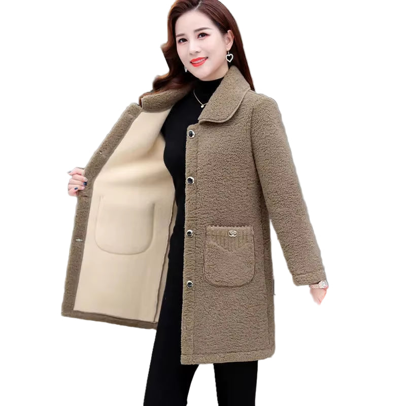Middle-Aged Mothers Faux Lamb Wool Coat 2024 Autumn Winter Loose Long-Sleeve Outerwear Solid Female Jacket Parkas Casual Tops