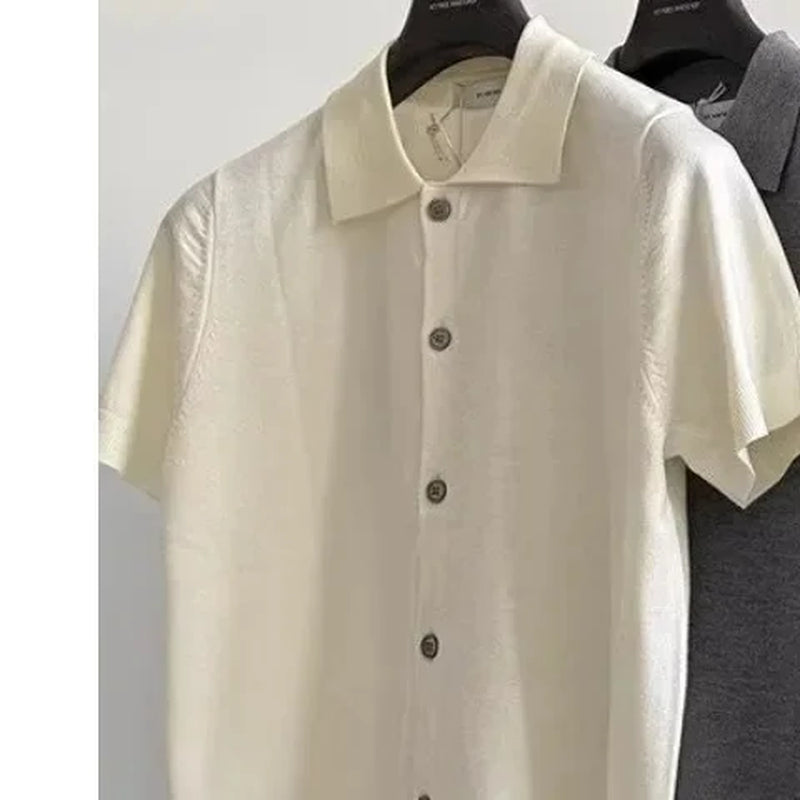 Korean Style Men'S Solid Color Summer Button Knitted Open Cardigan Breathable Fashion Fresh Casual Collar Shirt Trendy