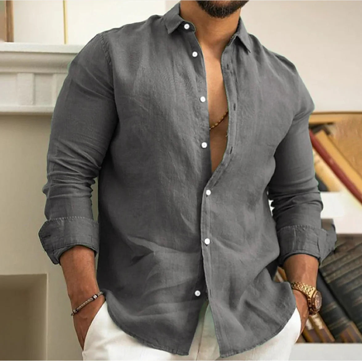 Men'S Cotton Linen Shirt Button up Summer Shirt Beach Shirt Long Sleeve Plain Lapel Spring & Summer Casual Daily Clothing