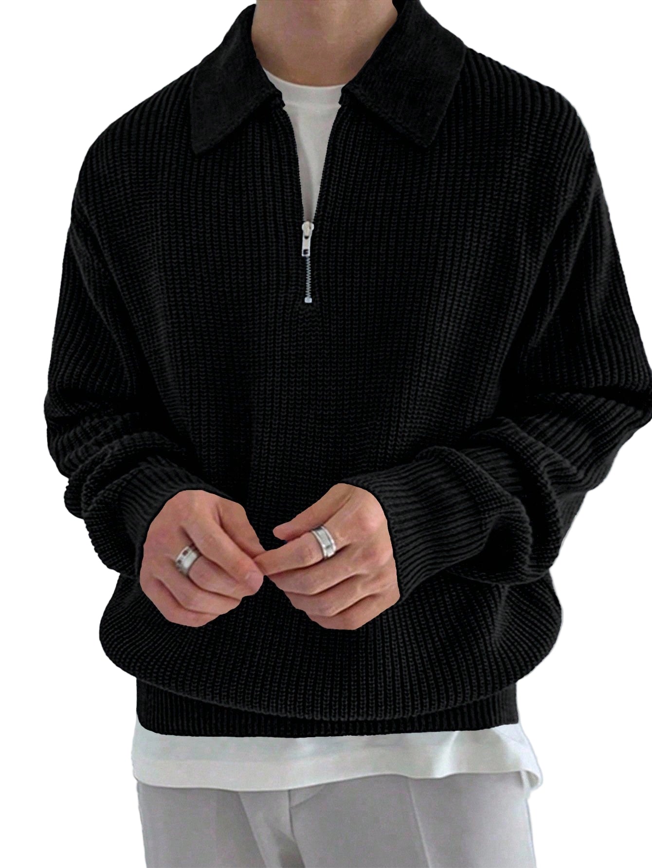 Claim Dot Men 1Pc Quarter Zip Ribbed Knit Plain Casual Collared Long Sleeve Sweater, for Going Out, Friends, for Fall Winter