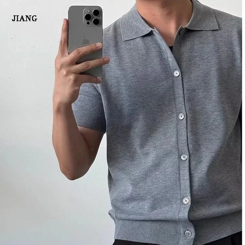 Korean Style Men'S Solid Color Summer Button Knitted Open Cardigan Breathable Fashion Fresh Casual Collar Shirt Trendy