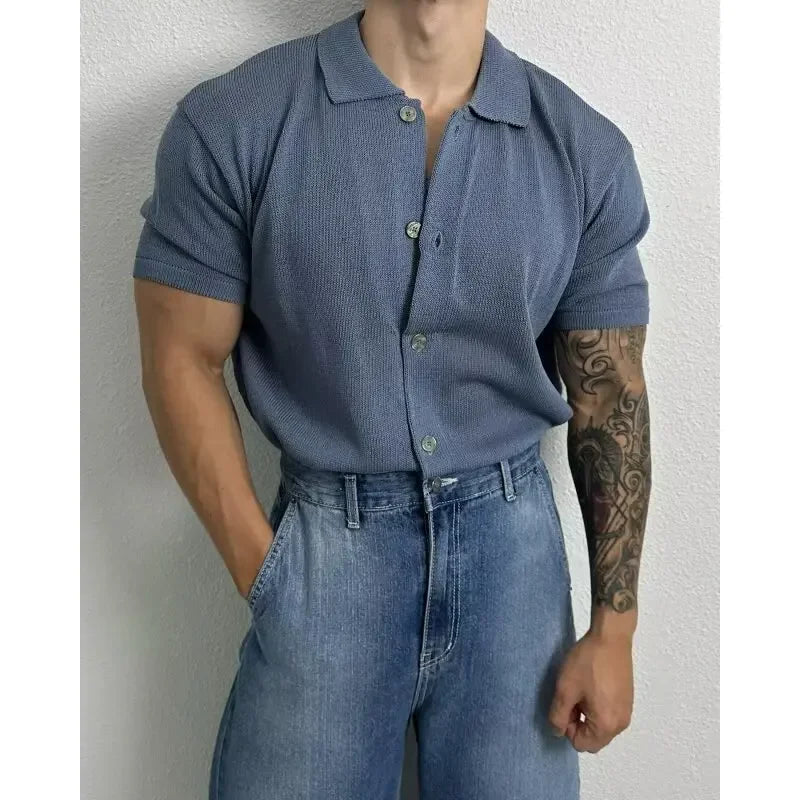Korean Style Men'S Solid Color Summer Button Knitted Open Cardigan Breathable Fashion Fresh Casual Collar Shirt Trendy