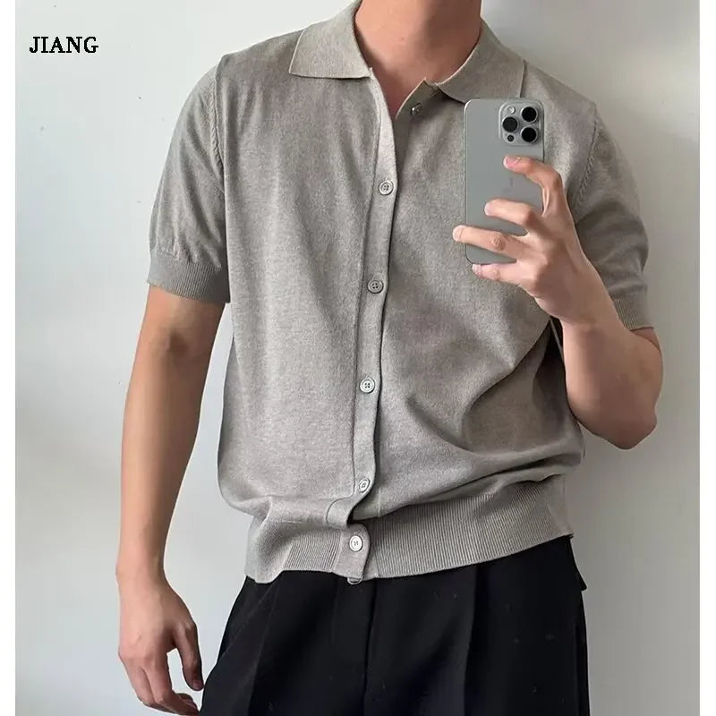 Korean Style Men'S Solid Color Summer Button Knitted Open Cardigan Breathable Fashion Fresh Casual Collar Shirt Trendy