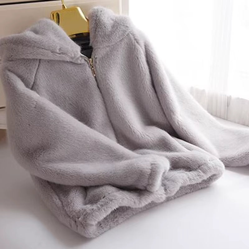 Rabbit Imitation Fur Winter Grass Mink Faux Fur Coat Ladies Artificial Fur Hooded Soft plus Size Women'S Jacket Red,4Xl,5Xl