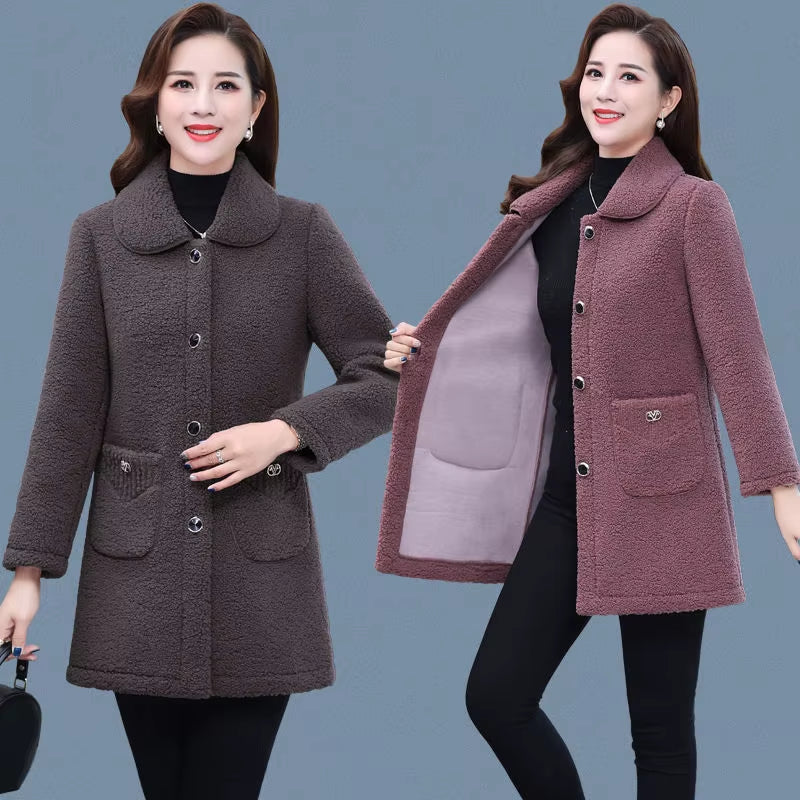 Middle-Aged Mothers Faux Lamb Wool Coat 2024 Autumn Winter Loose Long-Sleeve Outerwear Solid Female Jacket Parkas Casual Tops