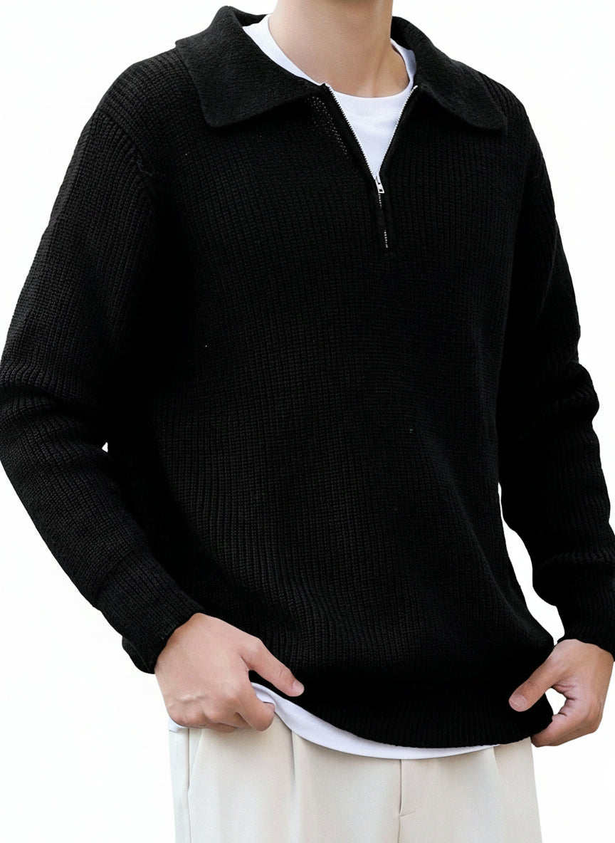 Claim Dot Men 1Pc Quarter Zip Ribbed Knit Plain Casual Collared Long Sleeve Sweater, for Going Out, Friends, for Fall Winter
