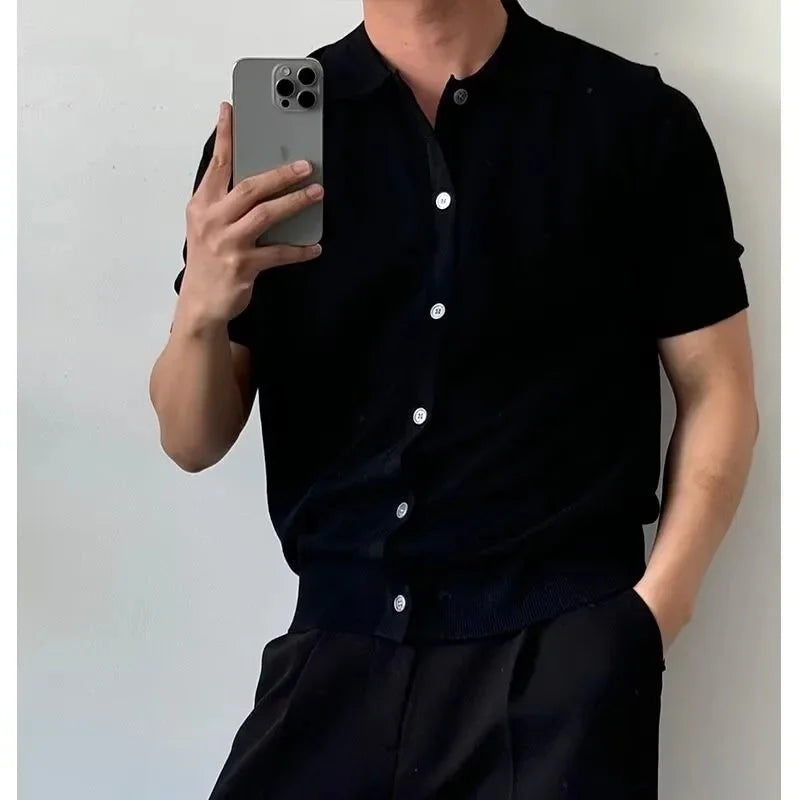 Korean Style Men'S Solid Color Summer Button Knitted Open Cardigan Breathable Fashion Fresh Casual Collar Shirt Trendy