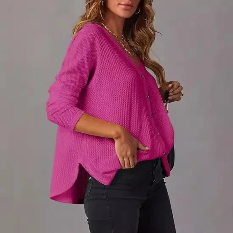 Casual V-Neck Waffle Knit Button Long Sleeve Loose Shirt for Women Comfortable Breathable Fashionable Chinese Style Top