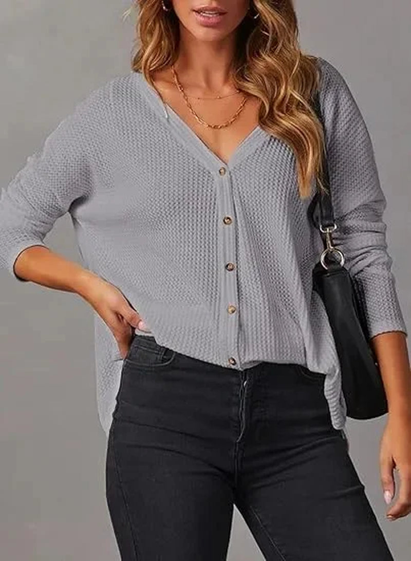 Casual V-Neck Waffle Knit Button Long Sleeve Loose Shirt for Women Comfortable Breathable Fashionable Chinese Style Top