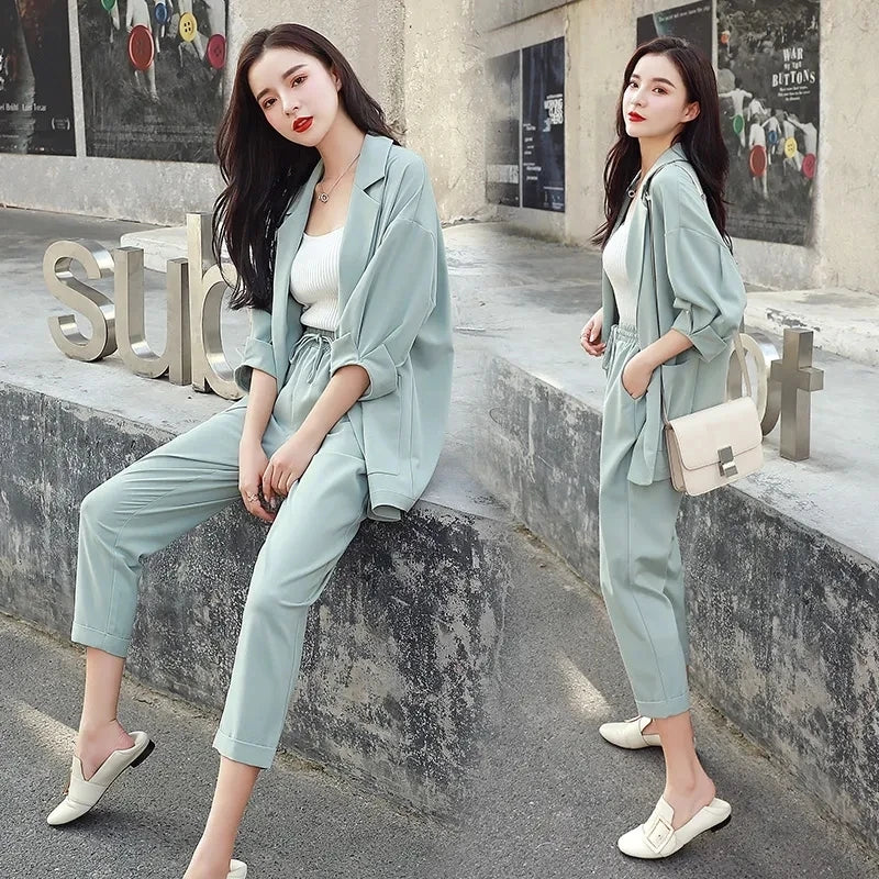 Two Piece Set Big Size Elegant Office Lady Suit Slim Long Pants Jacket Blazer Top Suit Commuting Wind Work Casual Women Set