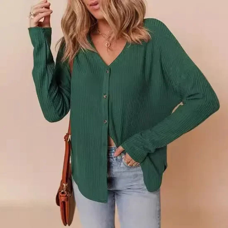 Casual V-Neck Waffle Knit Button Long Sleeve Loose Shirt for Women Comfortable Breathable Fashionable Chinese Style Top
