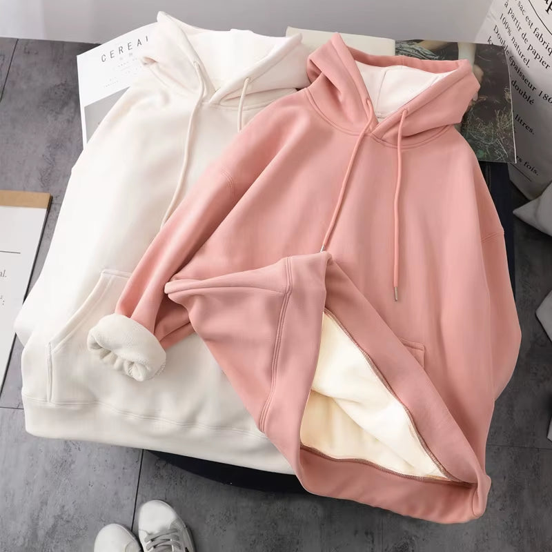 Women Fleece Pocket Hoodie Sweatshirts Autumn Winter Fashion Oversize Ladies Pullovers Thick Warm Pocket Hooded Jacket