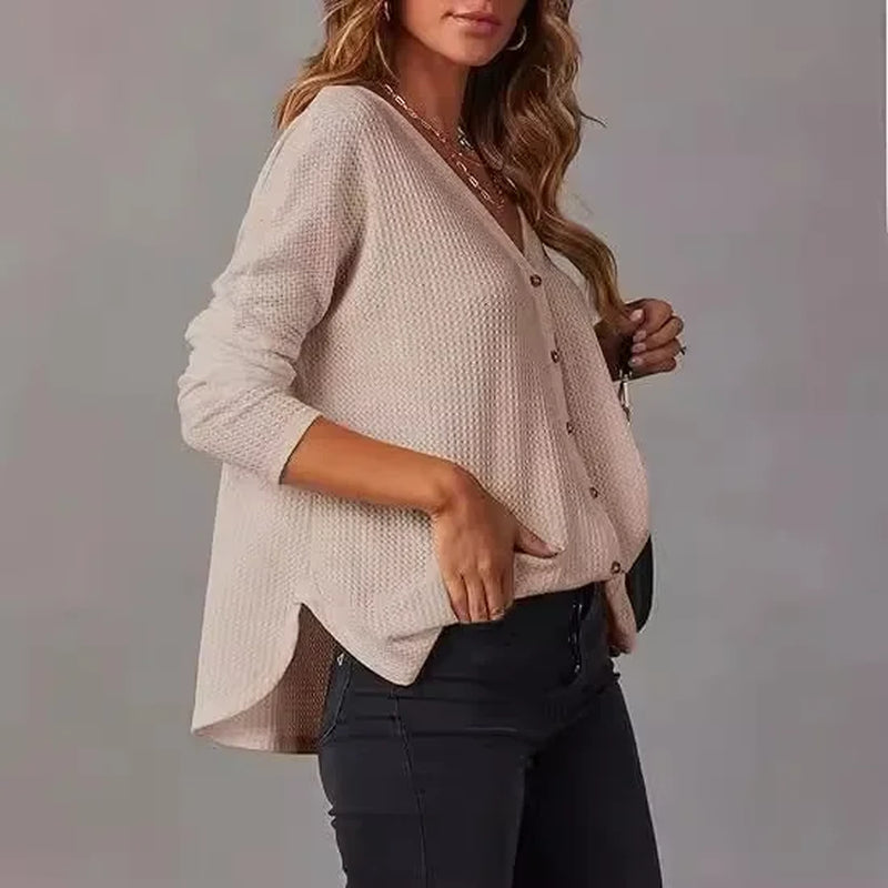 Casual V-Neck Waffle Knit Button Long Sleeve Loose Shirt for Women Comfortable Breathable Fashionable Chinese Style Top