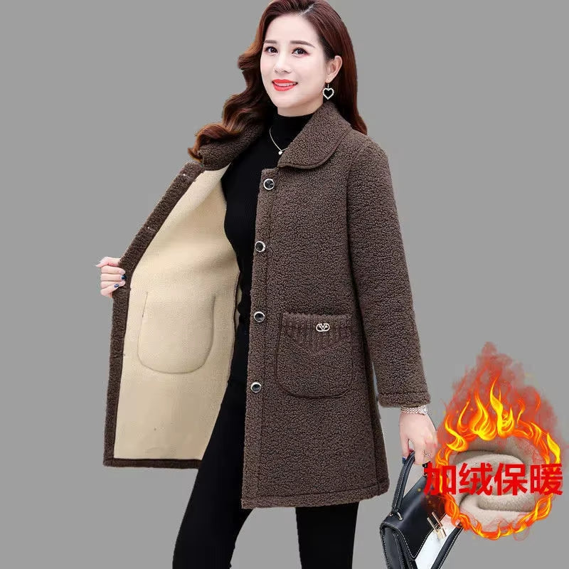 Middle-Aged Mothers Faux Lamb Wool Coat 2024 Autumn Winter Loose Long-Sleeve Outerwear Solid Female Jacket Parkas Casual Tops