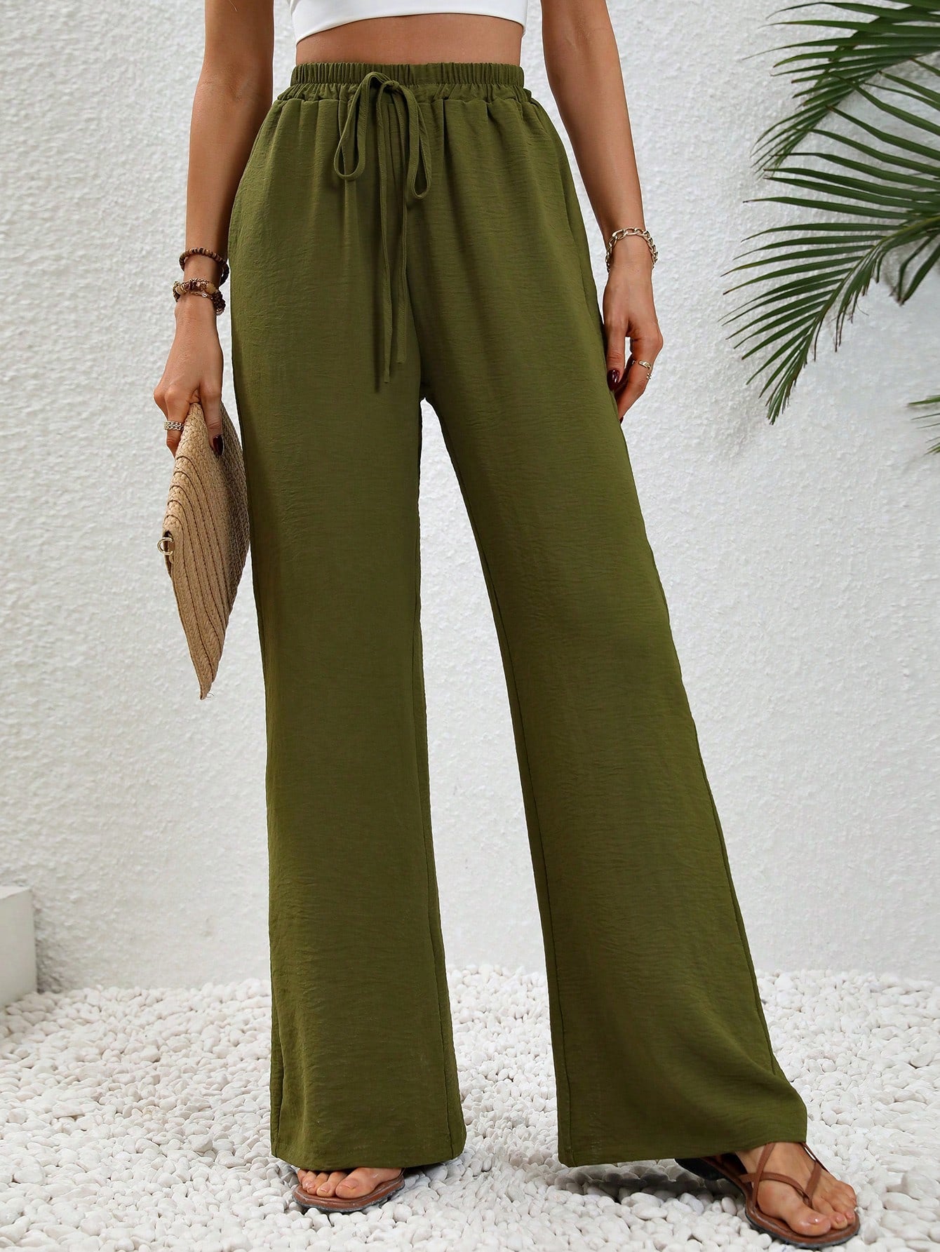 SHEIN LUNE Tie Waist Wide Leg Pants Fall Cloth for Women