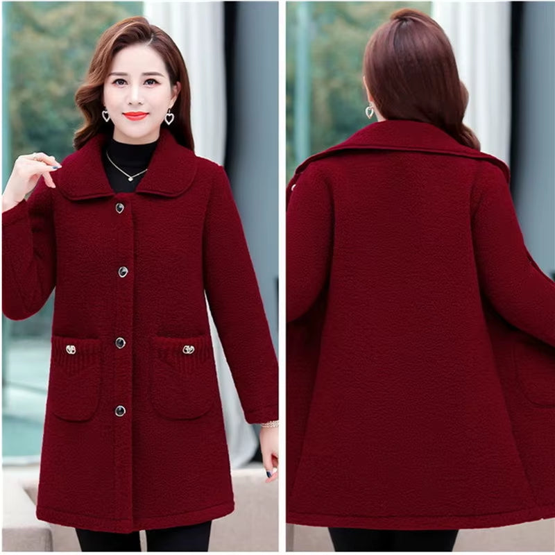 Middle-Aged Mothers Faux Lamb Wool Coat 2024 Autumn Winter Loose Long-Sleeve Outerwear Solid Female Jacket Parkas Casual Tops
