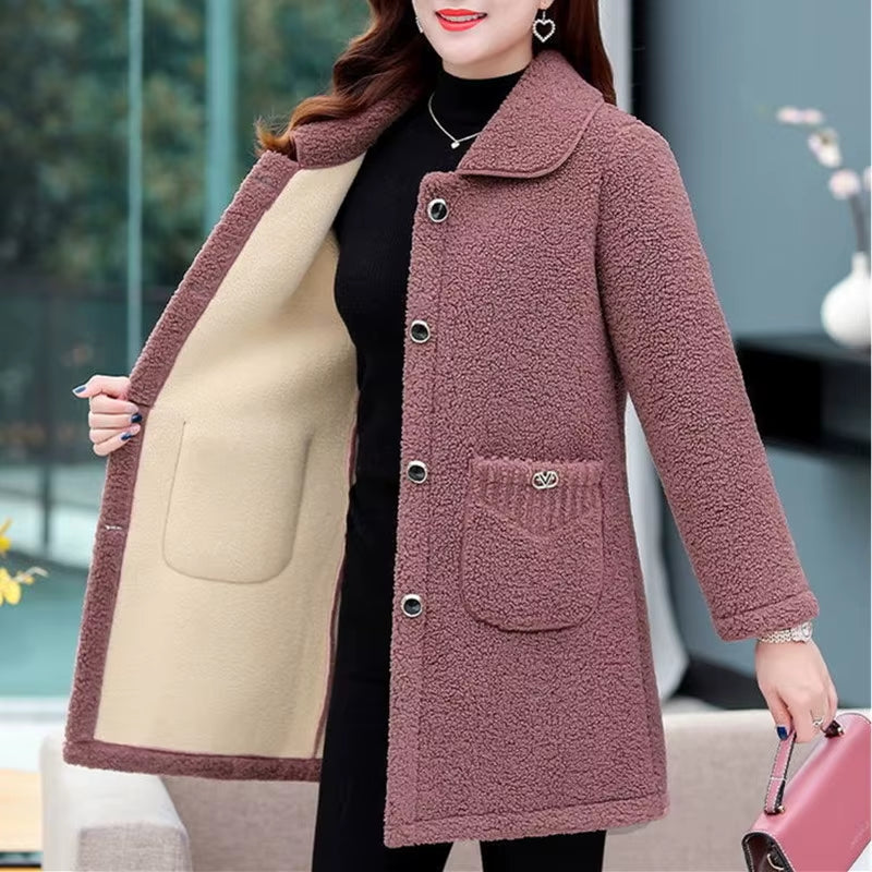 Middle-Aged Mothers Faux Lamb Wool Coat 2024 Autumn Winter Loose Long-Sleeve Outerwear Solid Female Jacket Parkas Casual Tops