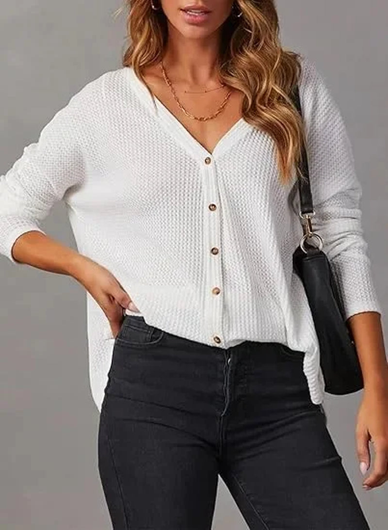 Casual V-Neck Waffle Knit Button Long Sleeve Loose Shirt for Women Comfortable Breathable Fashionable Chinese Style Top