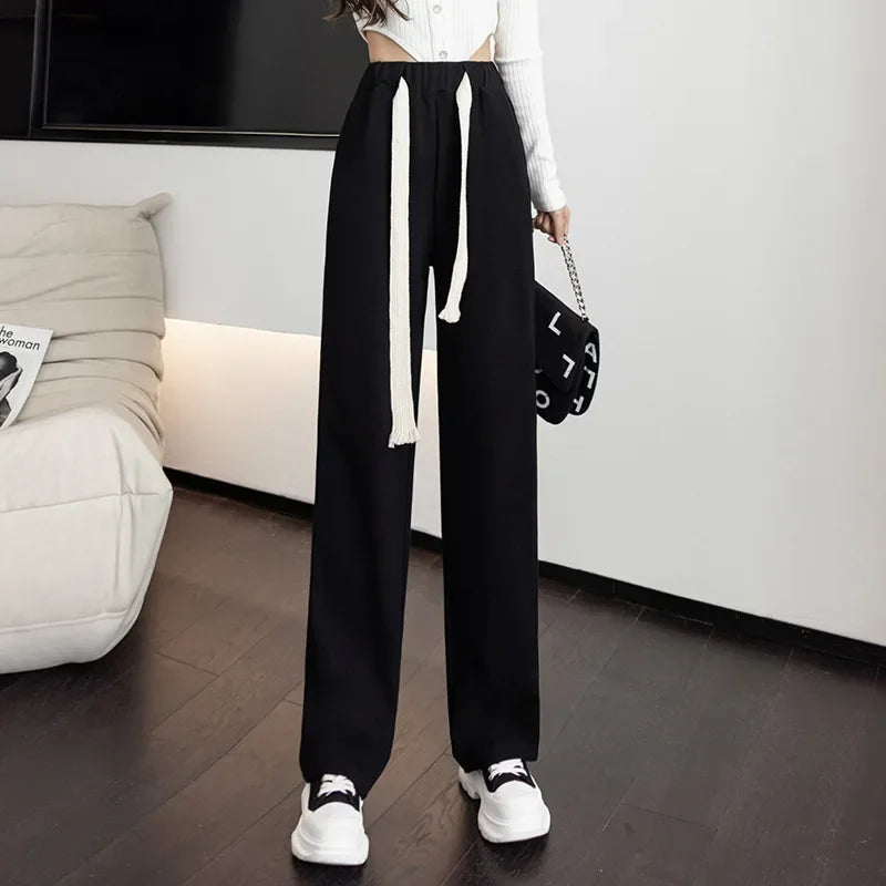 High Waist Wide Leg Pants Women'S Drawstring Loose Straight Sporty Trousers Casual Black Joggers for Lazy Strolls