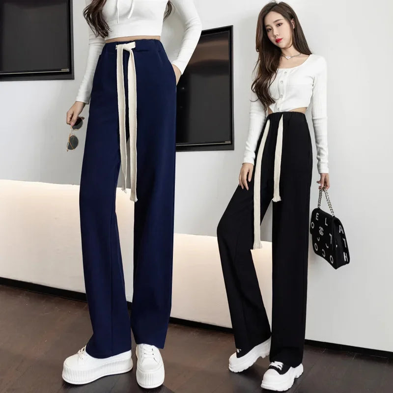 High Waist Wide Leg Pants Women'S Drawstring Loose Straight Sporty Trousers Casual Black Joggers for Lazy Strolls
