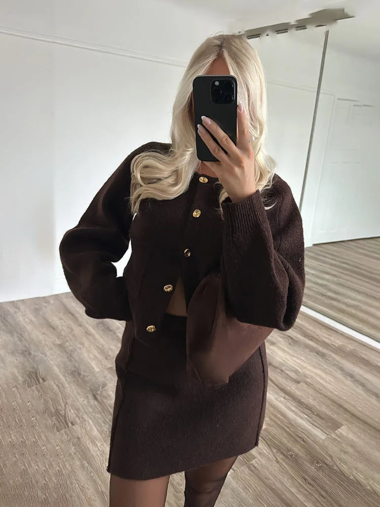 Women Skirt Suit Fashion O-Neck Knitted Long Sleeve Single Breasted Pocket Cardigan+Elastic Waist Slim Mini Skirt 3 Color