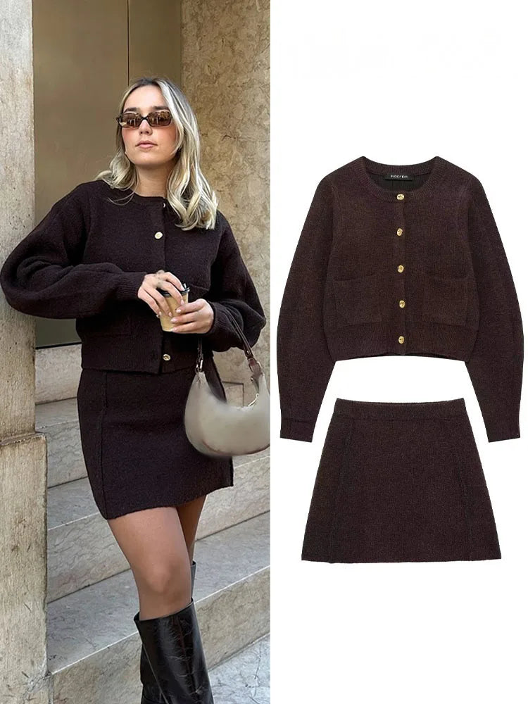 Women Skirt Suit Fashion O-Neck Knitted Long Sleeve Single Breasted Pocket Cardigan+Elastic Waist Slim Mini Skirt 3 Color