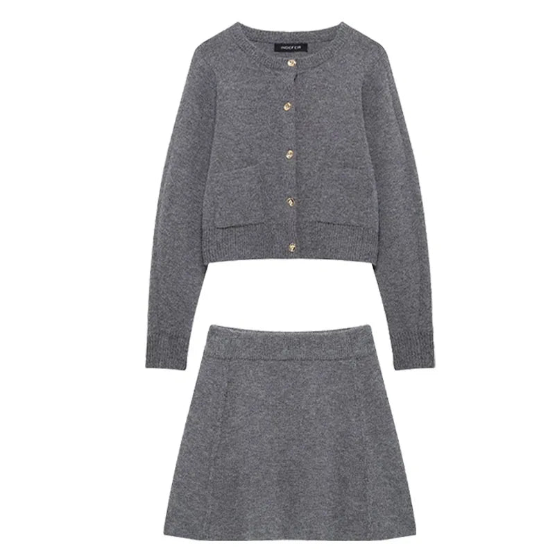 Women Skirt Suit Fashion O-Neck Knitted Long Sleeve Single Breasted Pocket Cardigan+Elastic Waist Slim Mini Skirt 3 Color