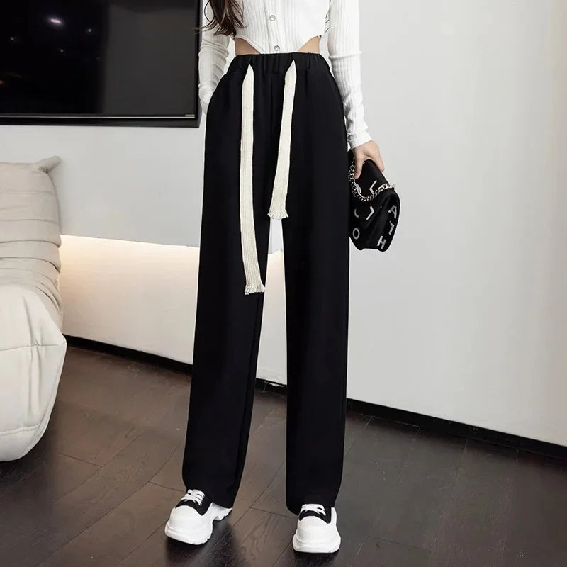 High Waist Wide Leg Pants Women'S Drawstring Loose Straight Sporty Trousers Casual Black Joggers for Lazy Strolls