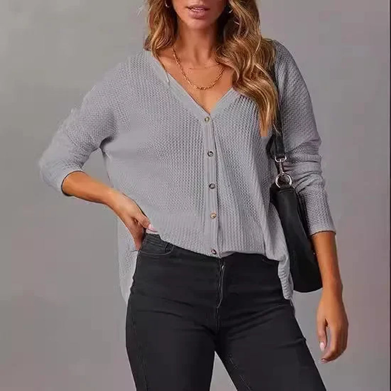 Casual V-Neck Waffle Knit Button Long Sleeve Loose Shirt for Women Comfortable Breathable Fashionable Chinese Style Top