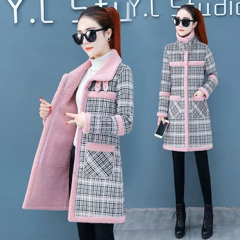 New Winter Lamb Wool Woolen Coat Thick plus Velvet Warm Cotton Coat Women Long Grid Parker Overcoat Quilted Jacket Trench Coats