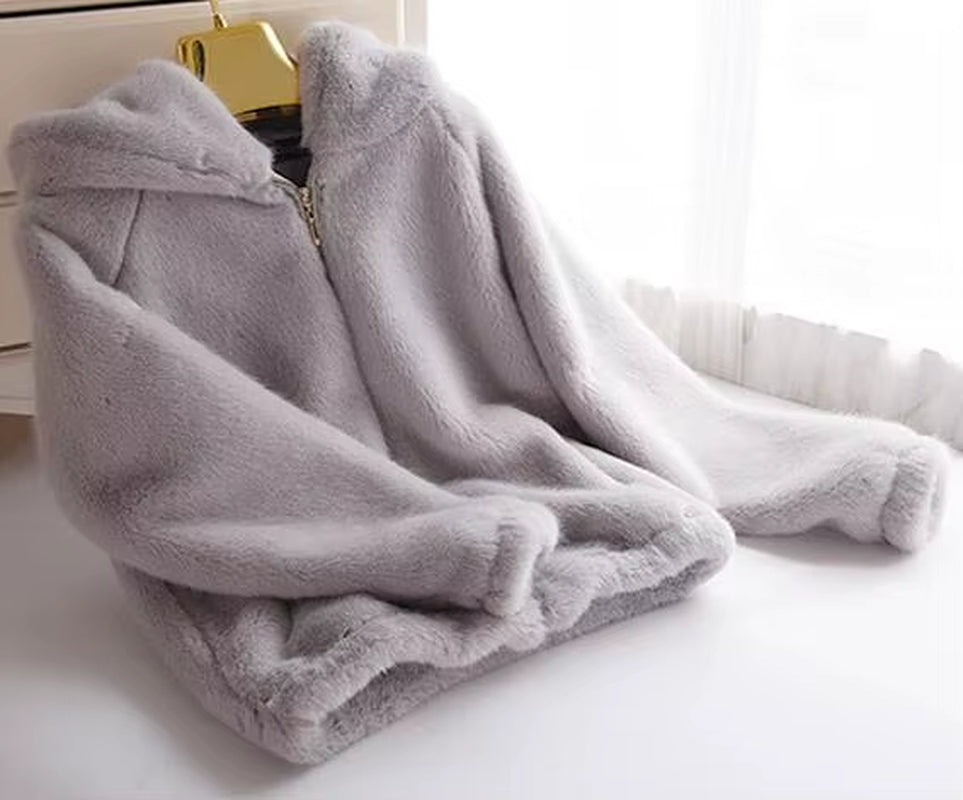 Rabbit Imitation Fur Winter Grass Mink Faux Fur Coat Ladies Artificial Fur Hooded Soft plus Size Women'S Jacket Red,4Xl,5Xl