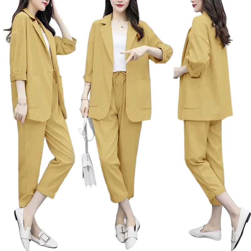Two Piece Set Big Size Elegant Office Lady Suit Slim Long Pants Jacket Blazer Top Suit Commuting Wind Work Casual Women Set