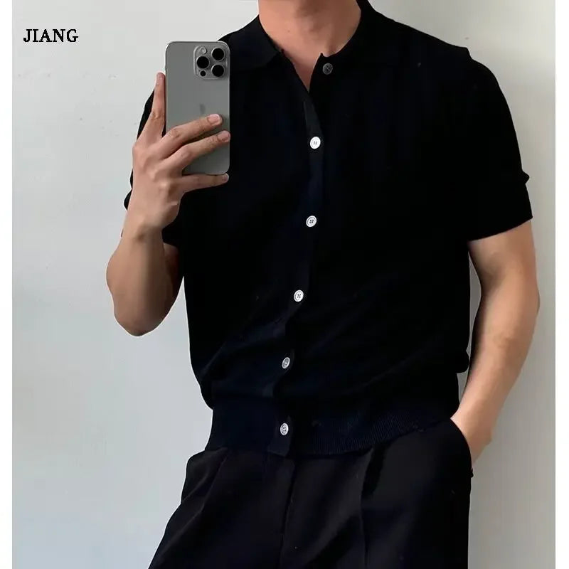 Korean Style Men'S Solid Color Summer Button Knitted Open Cardigan Breathable Fashion Fresh Casual Collar Shirt Trendy