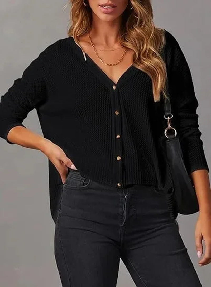 Casual V-Neck Waffle Knit Button Long Sleeve Loose Shirt for Women Comfortable Breathable Fashionable Chinese Style Top