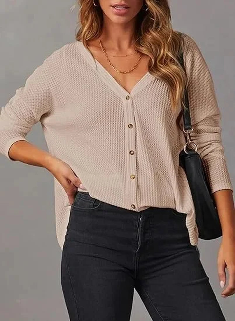 Casual V-Neck Waffle Knit Button Long Sleeve Loose Shirt for Women Comfortable Breathable Fashionable Chinese Style Top