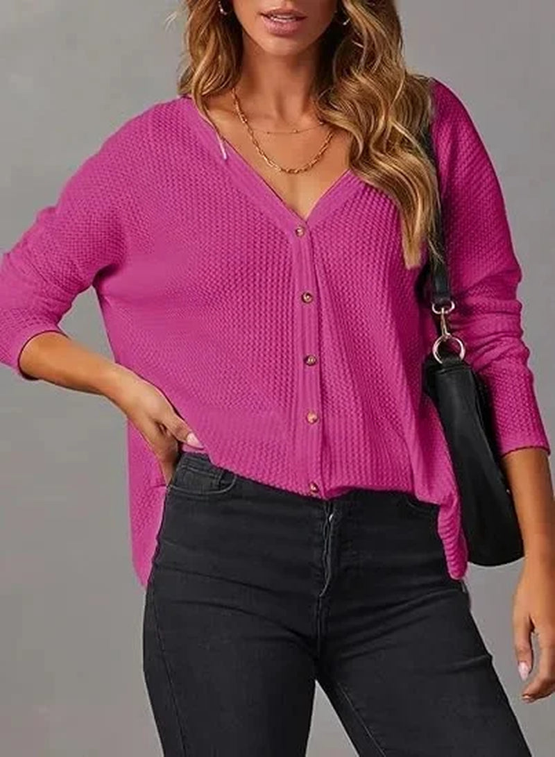 Casual V-Neck Waffle Knit Button Long Sleeve Loose Shirt for Women Comfortable Breathable Fashionable Chinese Style Top
