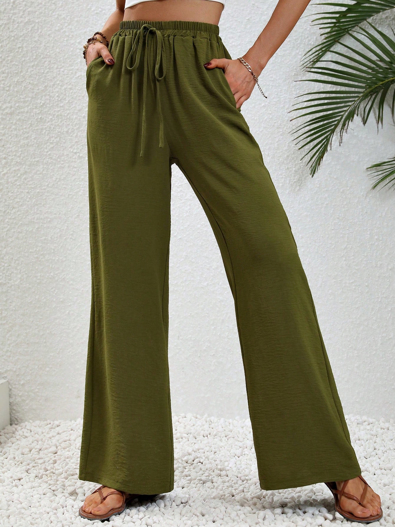 SHEIN LUNE Tie Waist Wide Leg Pants Fall Cloth for Women