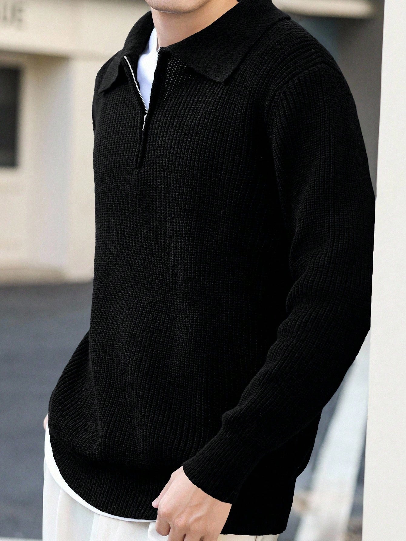 Claim Dot Men 1Pc Quarter Zip Ribbed Knit Plain Casual Collared Long Sleeve Sweater, for Going Out, Friends, for Fall Winter