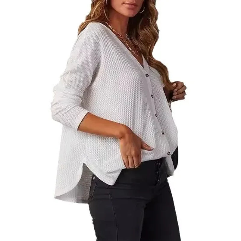 Casual V-Neck Waffle Knit Button Long Sleeve Loose Shirt for Women Comfortable Breathable Fashionable Chinese Style Top