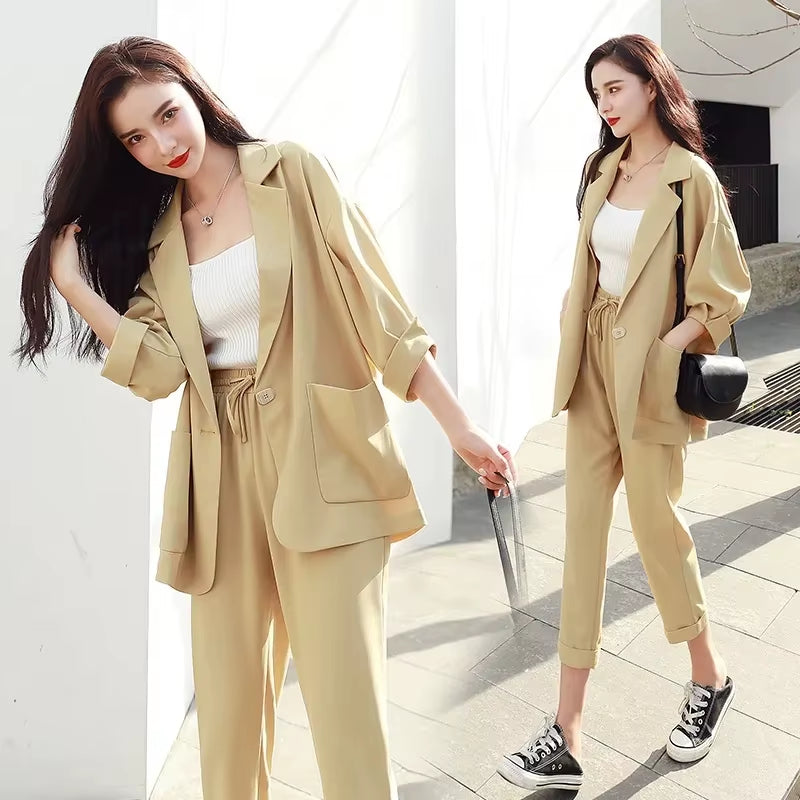 Two Piece Set Big Size Elegant Office Lady Suit Slim Long Pants Jacket Blazer Top Suit Commuting Wind Work Casual Women Set