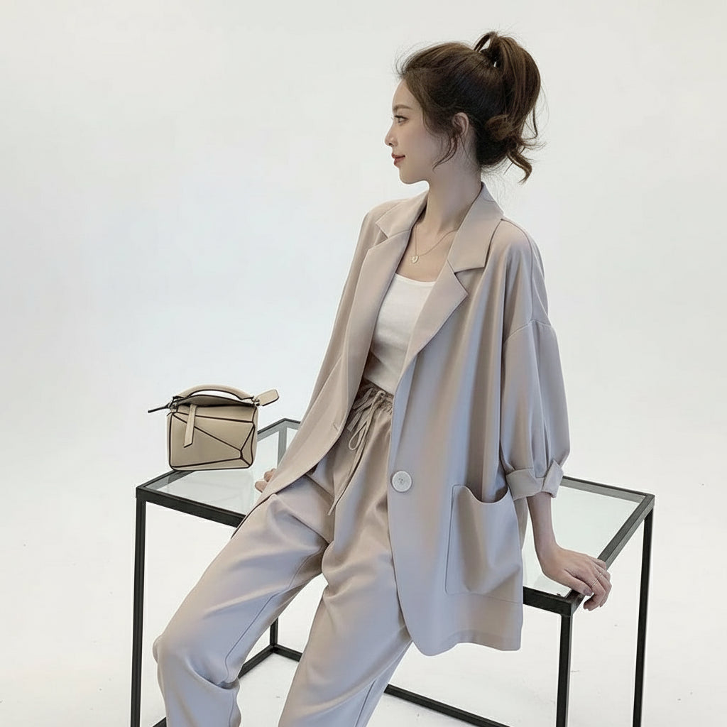 Two Piece Set Big Size Elegant Office Lady Suit Slim Long Pants Jacket Blazer Top Suit Commuting Wind Work Casual Women Set