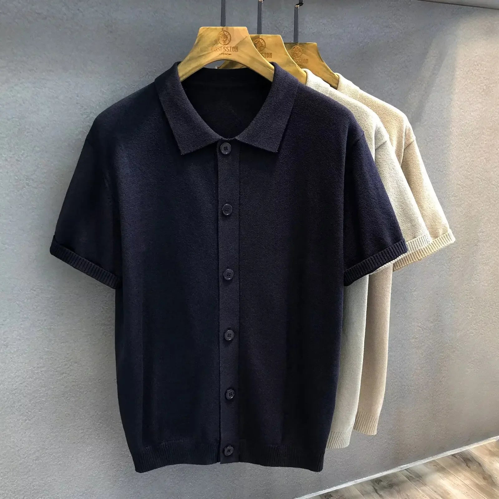 Korean Style Men'S Solid Color Summer Button Knitted Open Cardigan Breathable Fashion Fresh Casual Collar Shirt Trendy