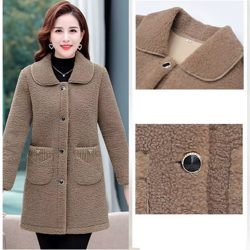 Middle-Aged Mothers Faux Lamb Wool Coat 2024 Autumn Winter Loose Long-Sleeve Outerwear Solid Female Jacket Parkas Casual Tops