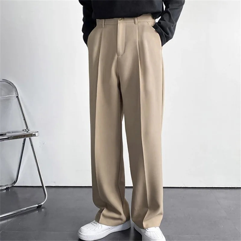 Men'S Straight-Fit Loose Suit Trousers with Diagonal Side Pockets, in Solid Color, Comfortable, Fashionable and Casual.