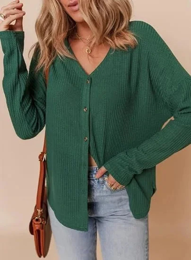 Casual V-Neck Waffle Knit Button Long Sleeve Loose Shirt for Women Comfortable Breathable Fashionable Chinese Style Top