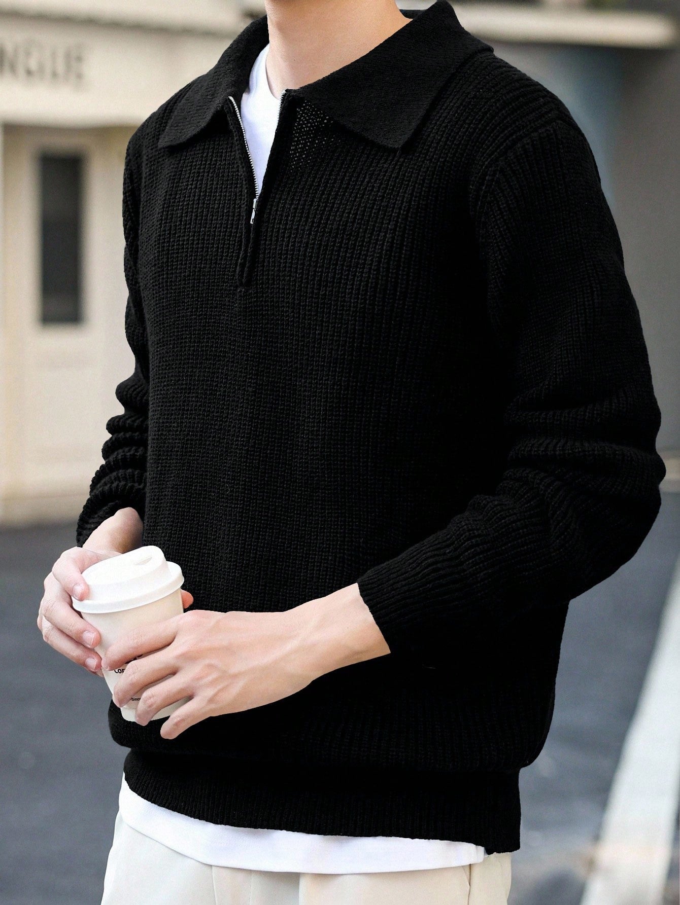 Claim Dot Men 1Pc Quarter Zip Ribbed Knit Plain Casual Collared Long Sleeve Sweater, for Going Out, Friends, for Fall Winter