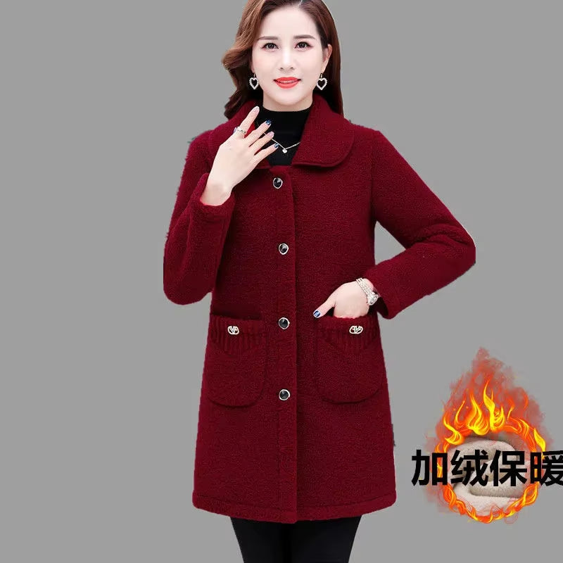 Middle-Aged Mothers Faux Lamb Wool Coat 2024 Autumn Winter Loose Long-Sleeve Outerwear Solid Female Jacket Parkas Casual Tops