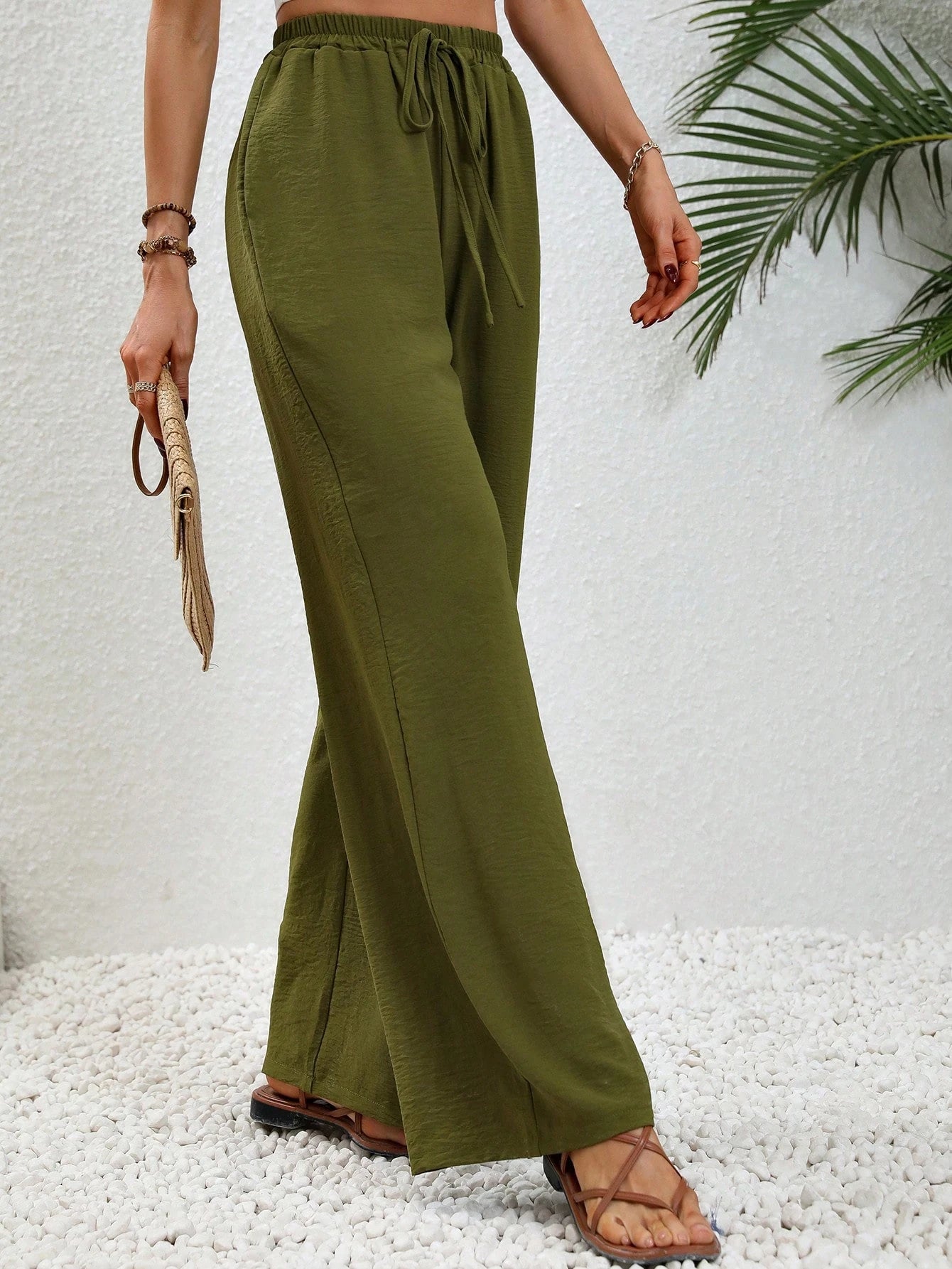 SHEIN LUNE Tie Waist Wide Leg Pants Fall Cloth for Women